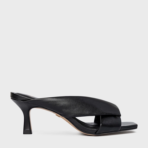 Open Mule Tiras Puffy Salto Fino Couro Preto