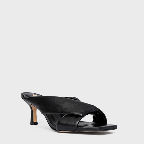 Open Mule Tiras Puffy Salto Fino Couro Preto