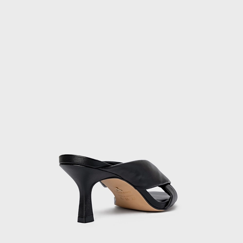 Open Mule Tiras Puffy Salto Fino Couro Preto