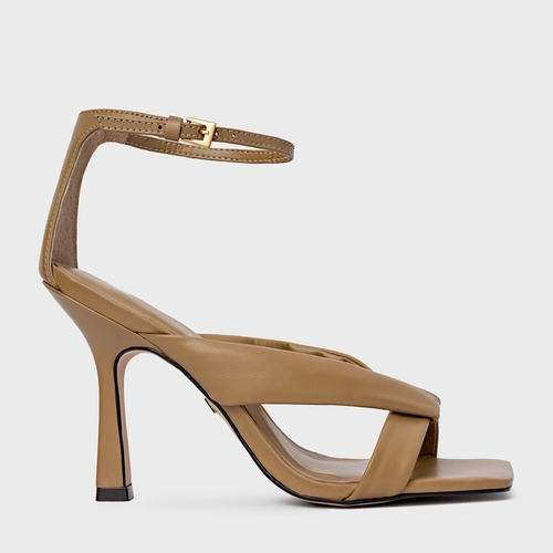 Sandália Tiras Puffy Salto Fino Couro Bege Almond