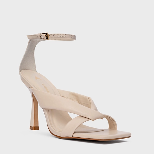 Sandália Tiras Puffy Salto Fino Couro Off White Cotton