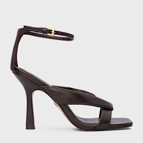 Sandália Tiras Puffy Salto Fino Couro Marrom Dark Brown