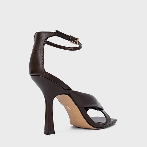 Sandália Tiras Puffy Salto Fino Couro Marrom Dark Brown