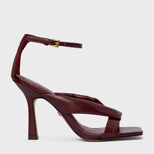 Sandália Tiras Puffy Salto Fino Couro Vinho Mahogany