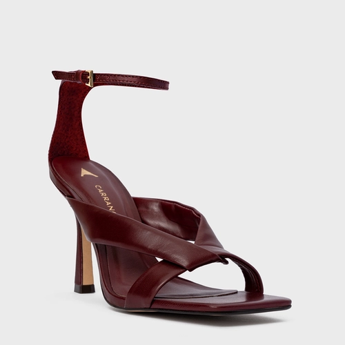 Sandália Tiras Puffy Salto Fino Couro Vinho Mahogany