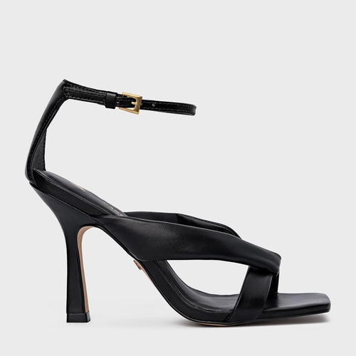 Sandália Tiras Puffy Salto Fino Couro Preto