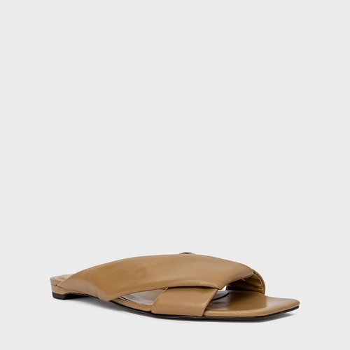 Flat Tiras Puffy Couro Bege Almond