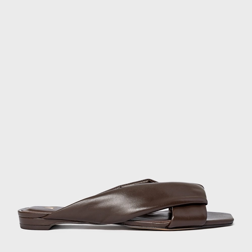 Flat Tiras Puffy Couro Marrom Dark Brown