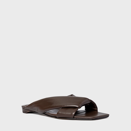 Flat Tiras Puffy Couro Marrom Dark Brown