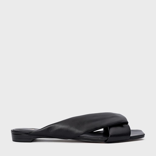 Flat Tiras Puffy Couro Preto