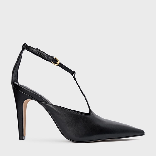 Scarpin Slingback Front Bico Alongado Salto Fino Couro Preto