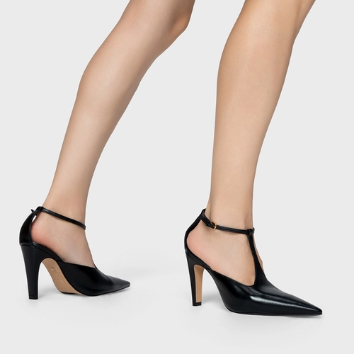Scarpin Slingback Front Bico Alongado Salto Fino Couro Preto