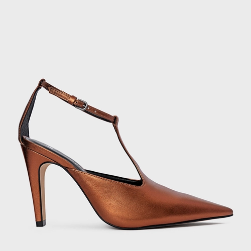 Scarpin Slingback Front Bico Alongado Salto Fino Couro Metalizado Maroon