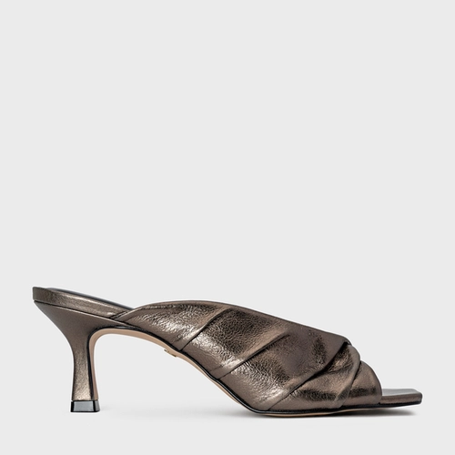 Open Mule Maxi Twist Salto Fino Couro Metalizado Prata Old