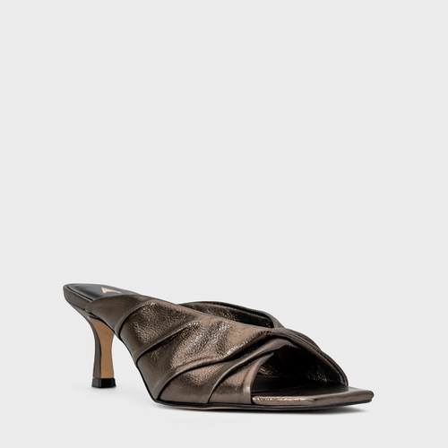 Open Mule Maxi Twist Salto Fino Couro Metalizado Prata Old