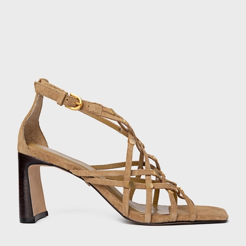 Sandália Tiras Studs Salto Uno Couro Suede Bege Almond