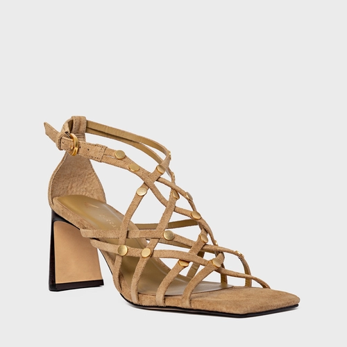 Sandália Tiras Studs Salto Uno Couro Suede Bege Almond