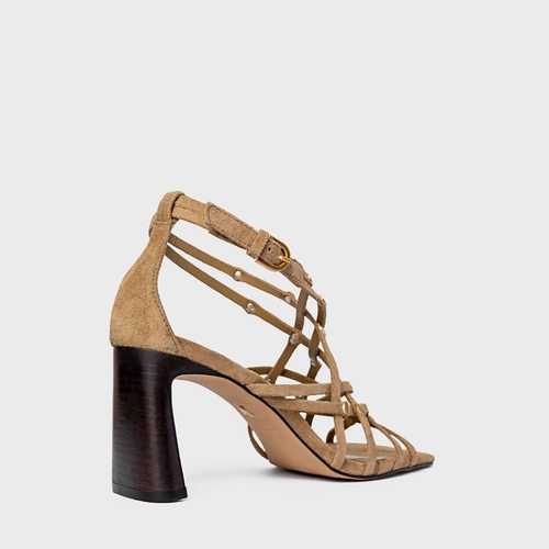 Sandália Tiras Studs Salto Uno Couro Suede Bege Almond