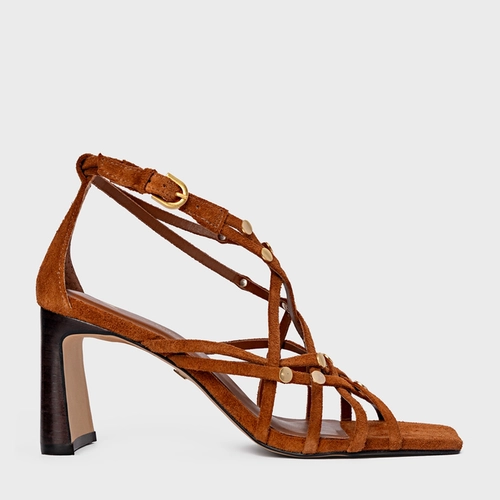 Sandália Tiras Studs Salto Uno Couro Suede Marrom Ferrugem