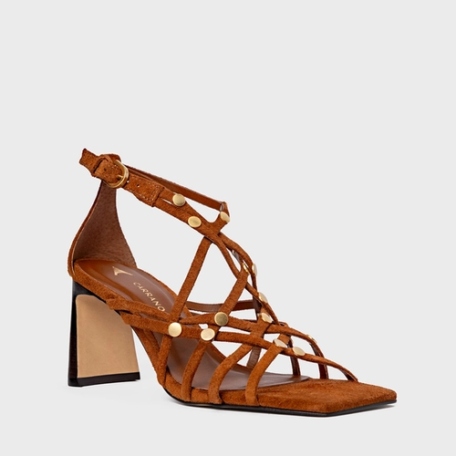 Sandália Tiras Studs Salto Uno Couro Suede Marrom Ferrugem