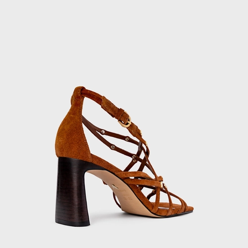 Sandália Tiras Studs Salto Uno Couro Suede Marrom Ferrugem