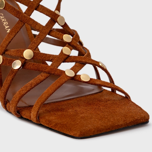 Sandália Tiras Studs Salto Uno Couro Suede Marrom Ferrugem