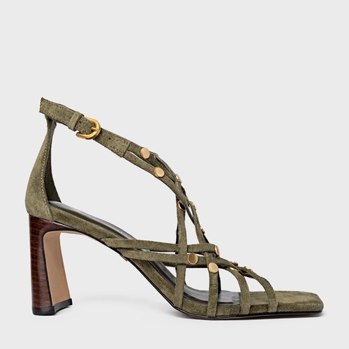 Sandália Tiras Studs Salto Uno Couro Suede Verde Army Green