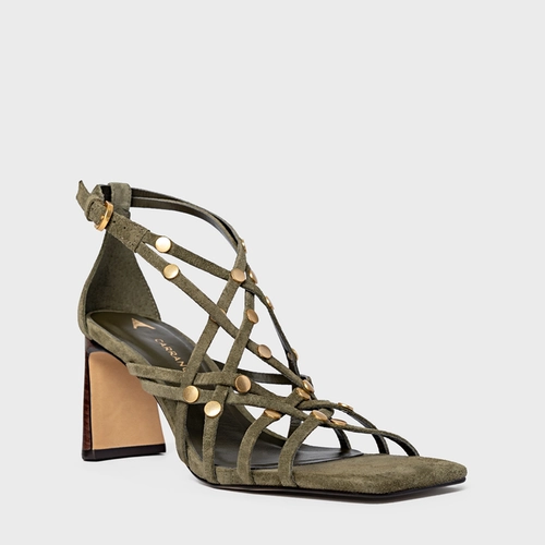 Sandália Tiras Studs Salto Uno Couro Suede Verde Army Green