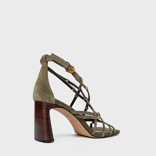 Sandália Tiras Studs Salto Uno Couro Suede Verde Army Green