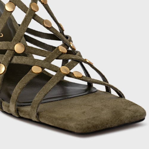 Sandália Tiras Studs Salto Uno Couro Suede Verde Army Green