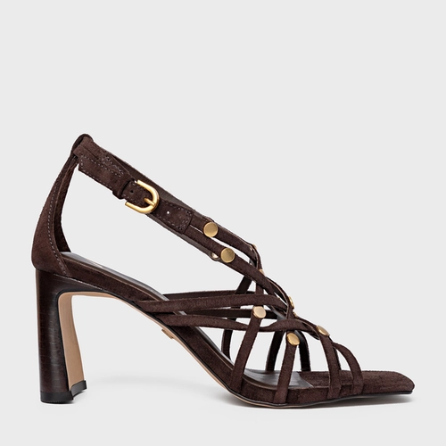 Sandália Tiras Studs Salto Uno Couro Suede Marrom Ganache