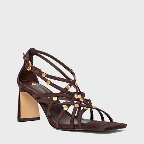 Sandália Tiras Studs Salto Uno Couro Suede Marrom Ganache