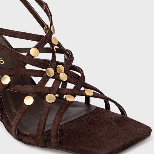 Sandália Tiras Studs Salto Uno Couro Suede Marrom Ganache