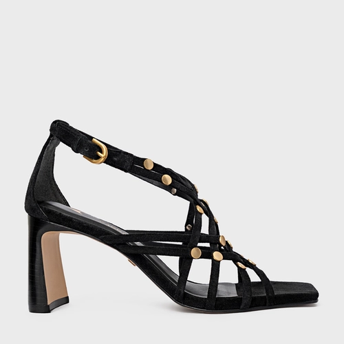 Sandália Tiras Studs Salto Uno Couro Suede Preto