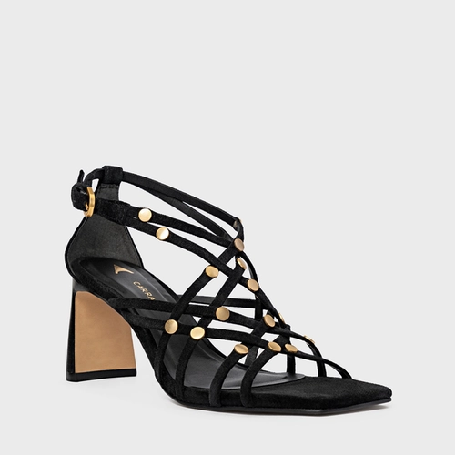 Sandália Tiras Studs Salto Uno Couro Suede Preto