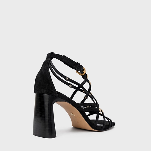 Sandália Tiras Studs Salto Uno Couro Suede Preto