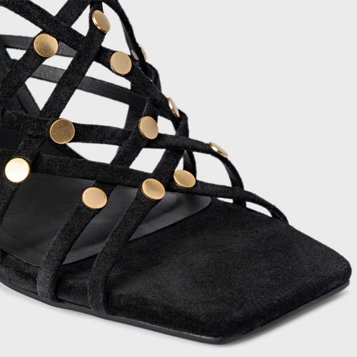 Sandália Tiras Studs Salto Uno Couro Suede Preto
