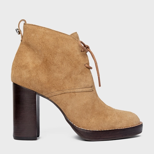 Bota Edgy Amarração Salto Bloco Couro Suede Bege Almond