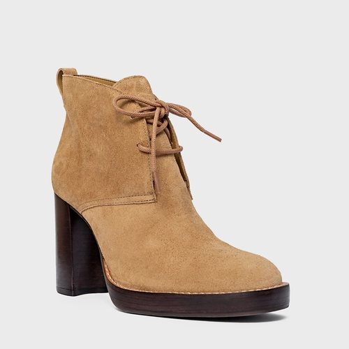 Bota Edgy Amarração Salto Bloco Couro Suede Bege Almond