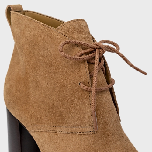 Bota Edgy Amarração Salto Bloco Couro Suede Bege Almond