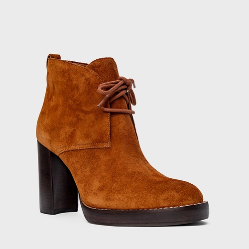 Bota Edgy Amarração Salto Bloco Couro Suede Marrom Ferrugem