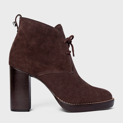 Bota Edgy Amarração Salto Bloco Couro Suede Marrom Ganache