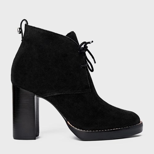 Bota Edgy Amarração Salto Bloco Couro Suede Preto
