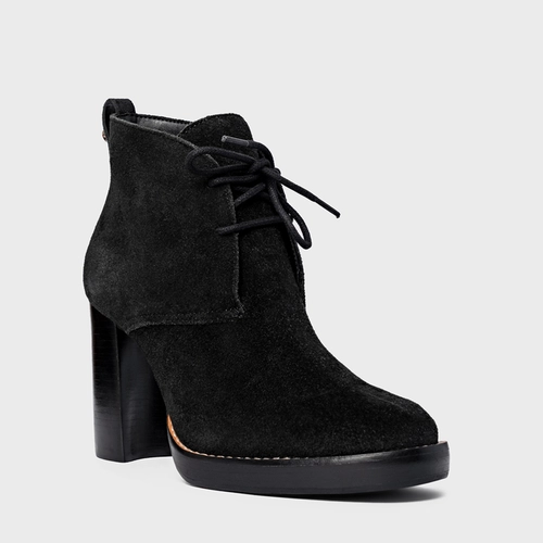 Bota Edgy Amarração Salto Bloco Couro Suede Preto