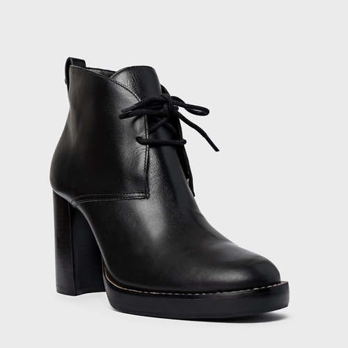 Bota Edgy Amarração Salto Bloco Couro Preto