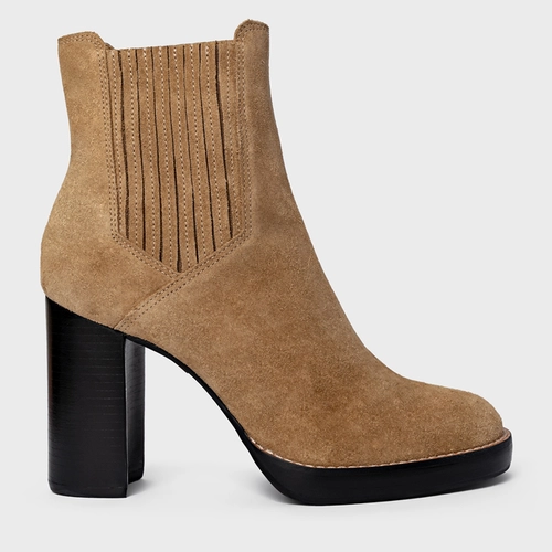 Bota Edgy Salto Bloco Couro Suede Bege Almond