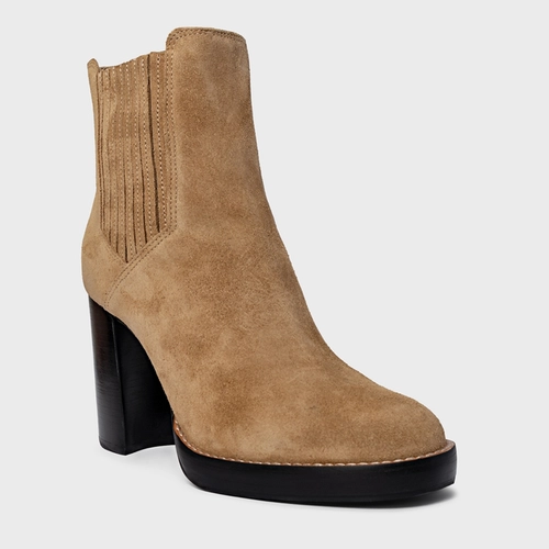Bota Edgy Salto Bloco Couro Suede Bege Almond