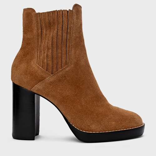 Bota Edgy Salto Bloco Couro Suede Marrom Saddle