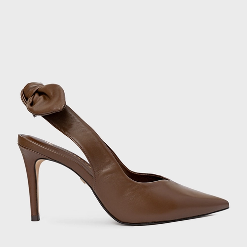 Scarpin Slingback Laço Salto Fino Couro Marrom Brownie