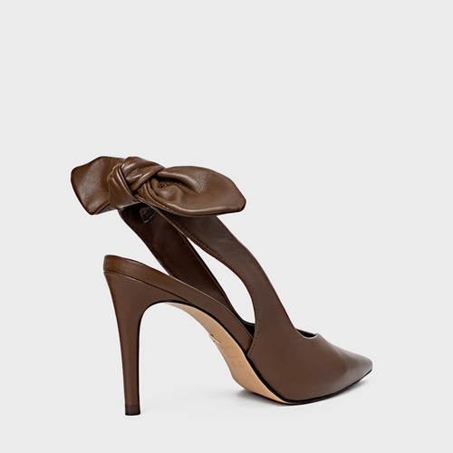 Scarpin Slingback Laço Salto Fino Couro Marrom Brownie